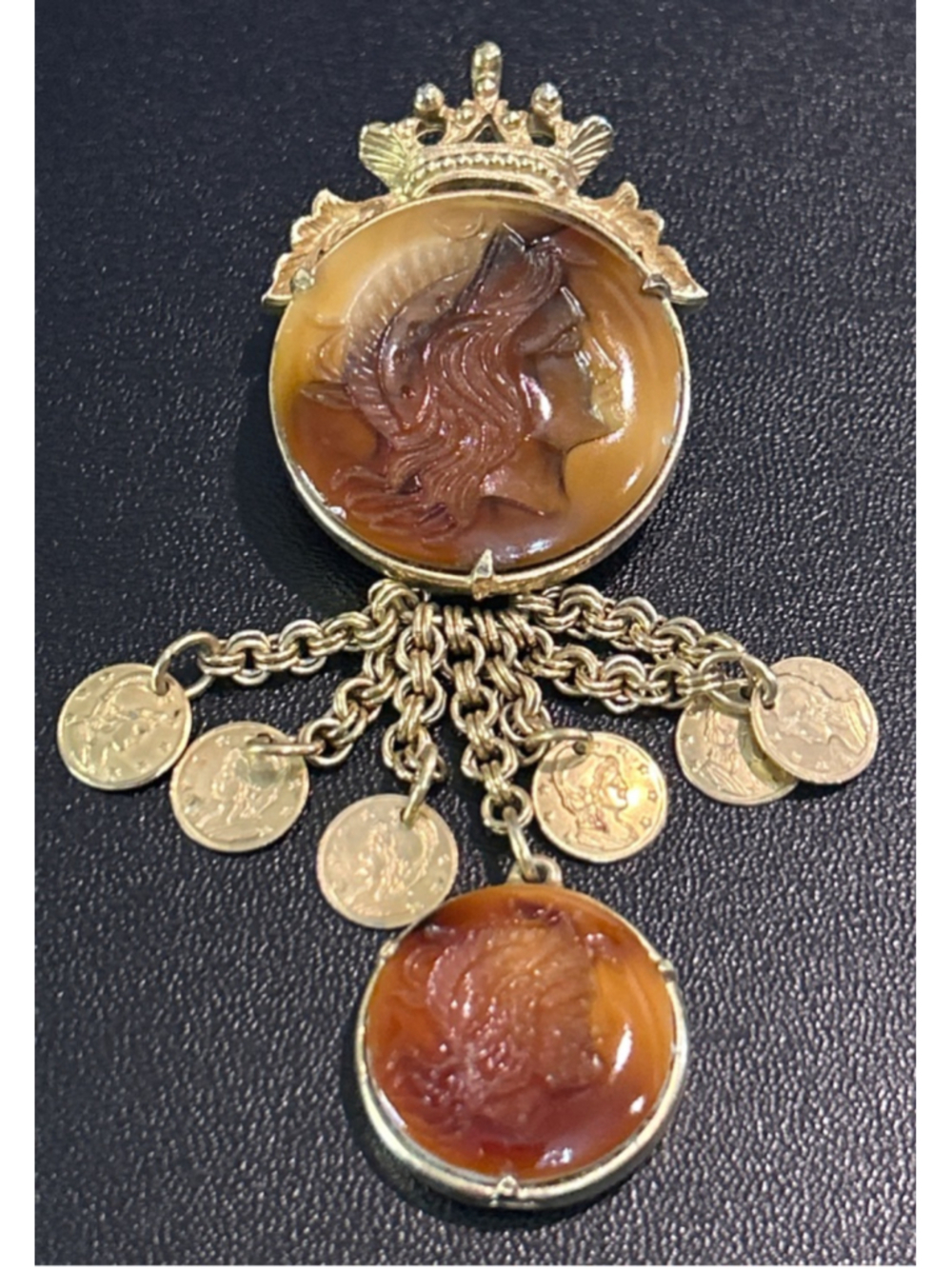 Women's vintage Florenza Gold & Brown intaglio Cameo Brooch with Coin Dangles